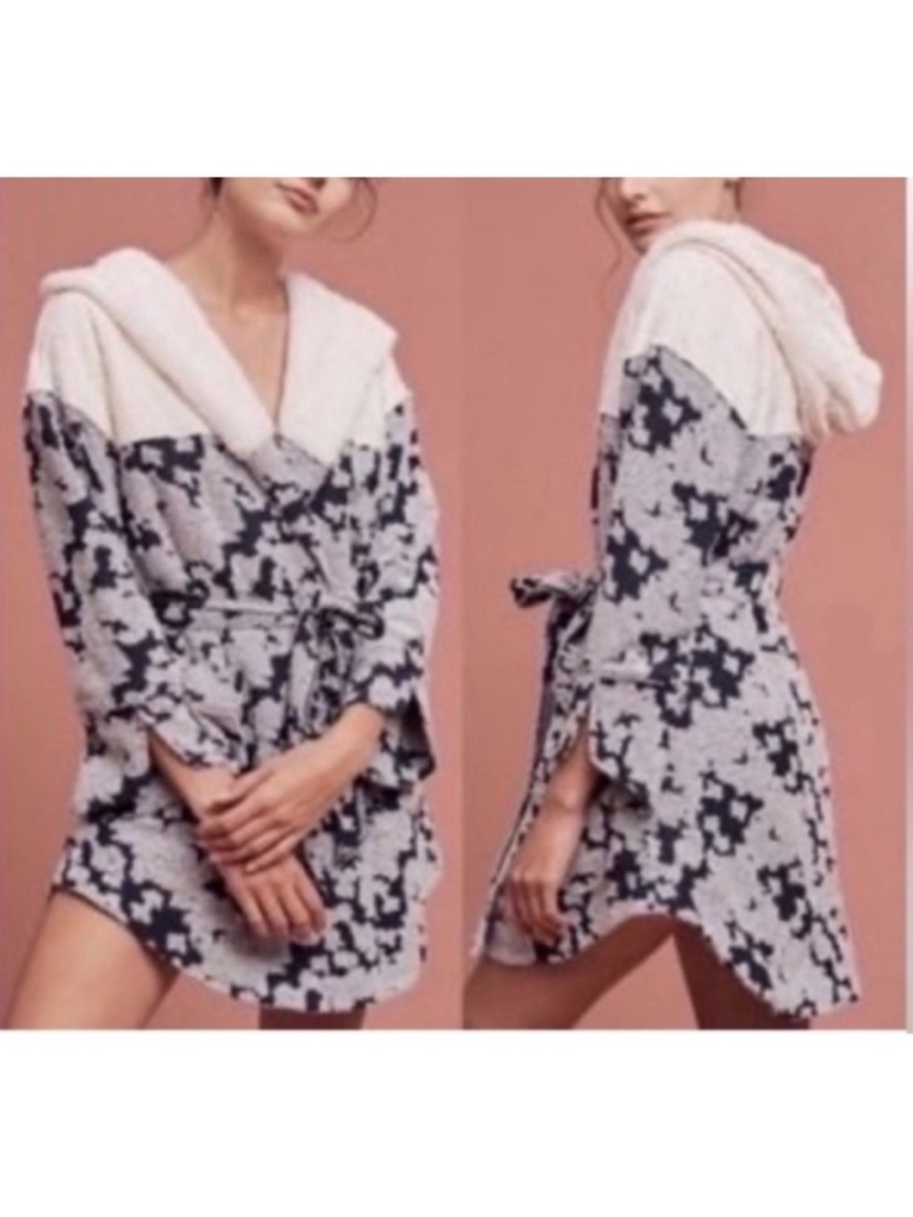 Anthropologie Robe Boucle Knit Blue White Grey Floral Removable Belt One Size